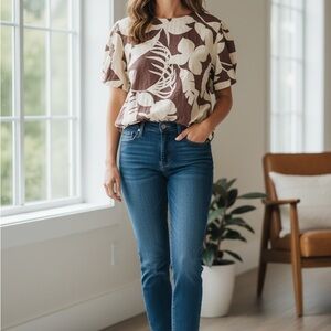Ann Taylor Brown and Tan Floral Linen Blouse Size Large